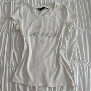 Love Moschino S/6 Rhinestone Heart White Tee